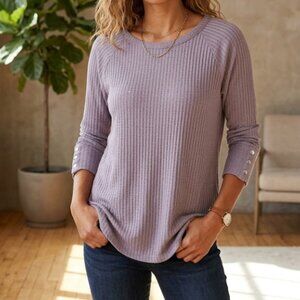 Chaser Ribbed Knit Sweater Size L Lavender Button Sleeve Top
